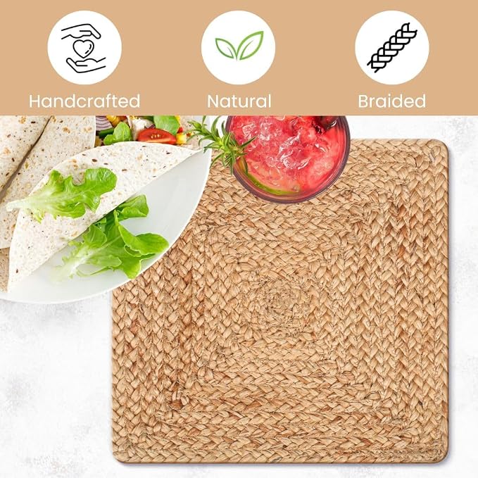 Jute Braided Placemats Set of 4-100% Jute Nonslip 35.6L x 35.6W CM Square Farmhouse Vintage Jute Placemats for Dining Table - Perfect for Indoor Outdoor Natural Jute Placemats - Ammpoure