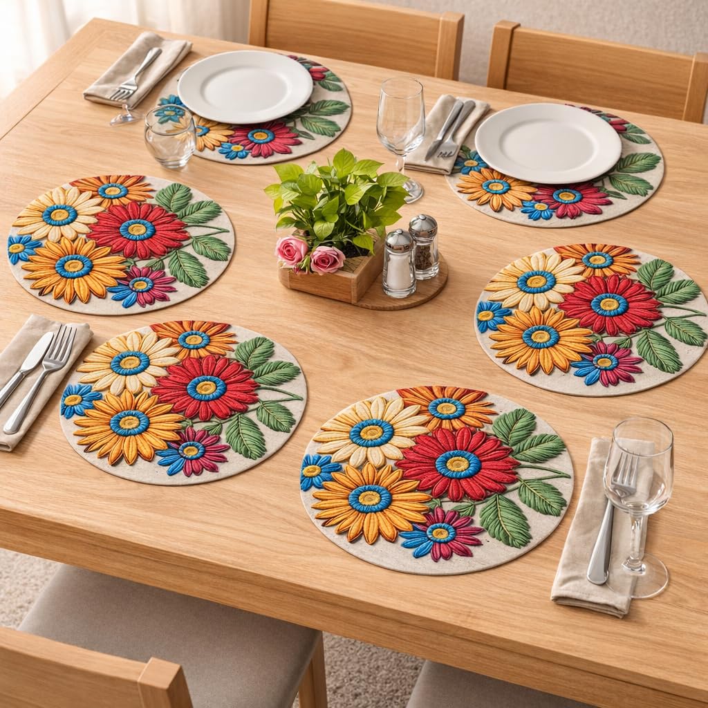 Jute Cotton Round Table Mats Set of 4 - Dining Table mat 4 Pieces Floral Printed Waterproof, Elegant and Durable for Dining Table - Ammpoure