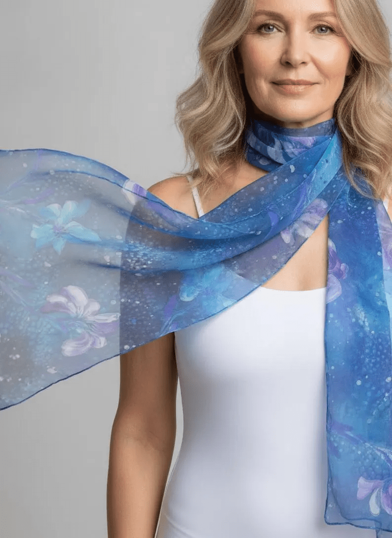Luxury Silk Scarf, Hand Painted Blue Floral Wrap, Sheer Watercolour Womens Scarf Gift, Lightweight Elegant Scarf for Her - Ammpoure
