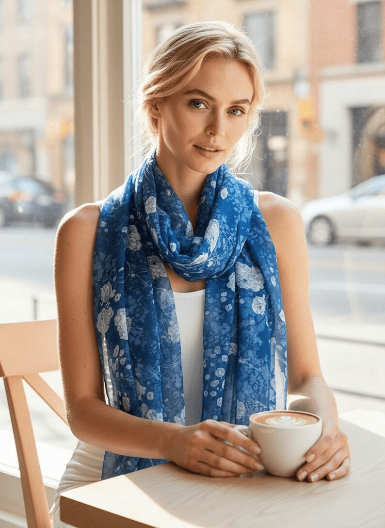Luxury Silk Scarf, Hand Painted Navy Floral Wrap, Indigo Rose Womens Scarf Gift, Lightweight Elegant Scarf for Her - Ammpoure