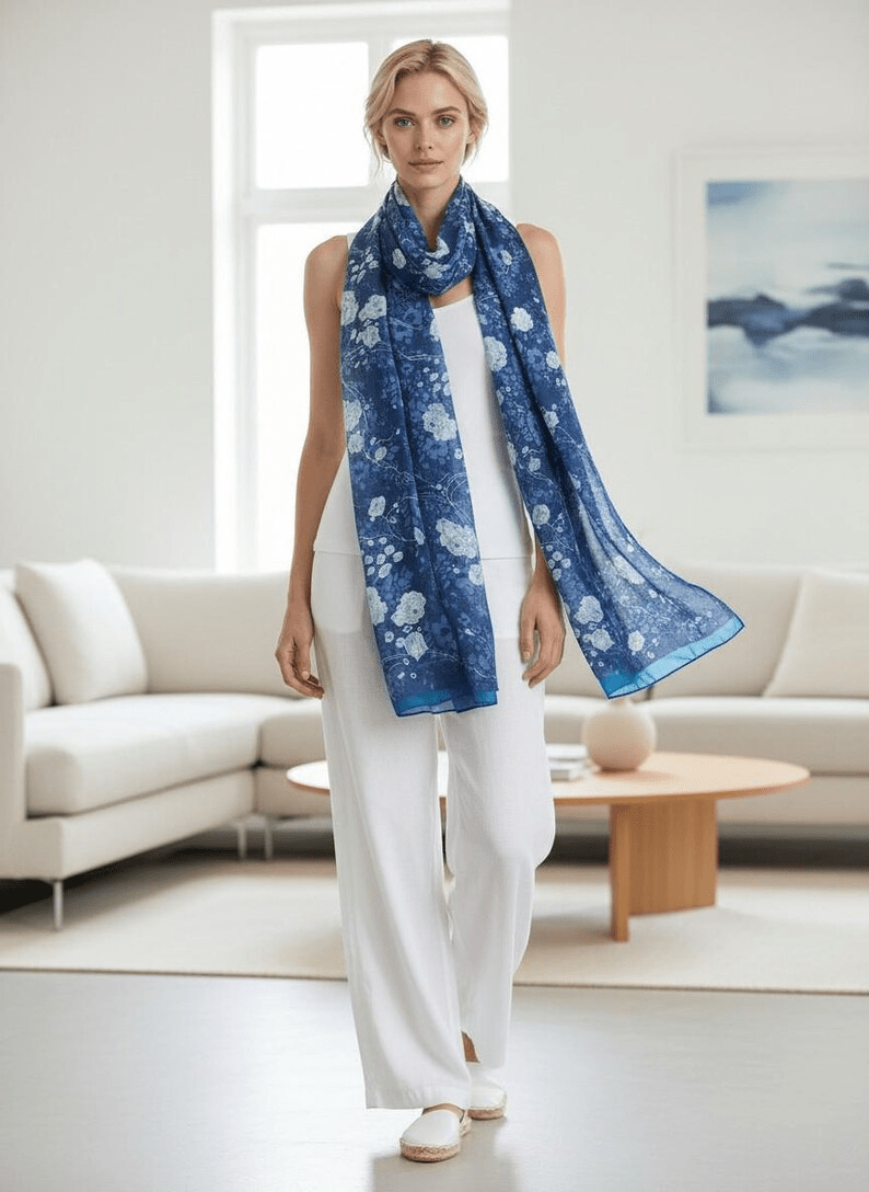 Luxury Silk Scarf, Hand Painted Navy Floral Wrap, Indigo Rose Womens Scarf Gift, Lightweight Elegant Scarf for Her - Ammpoure