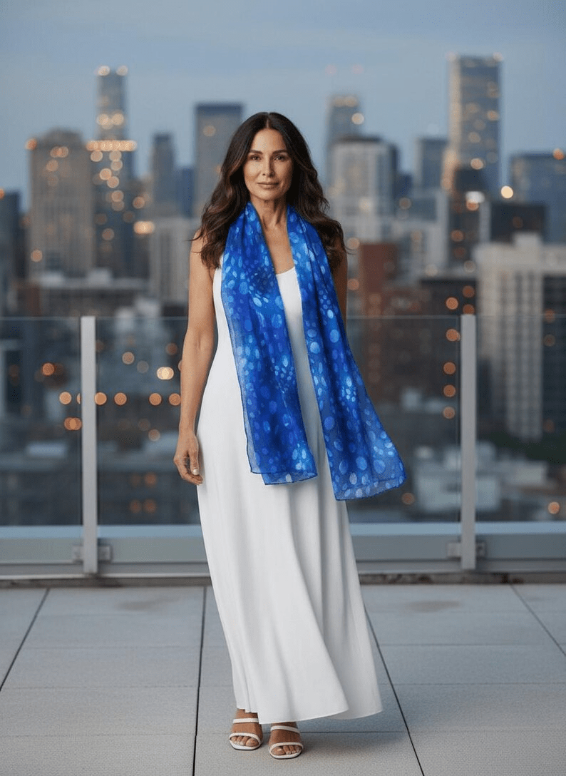 Luxury Silk Scarf, Hand Painted Sapphire Blue Wrap, Abstract Pebble Womens Scarf Gift, Lightweight Elegant Scarf for Her - Ammpoure