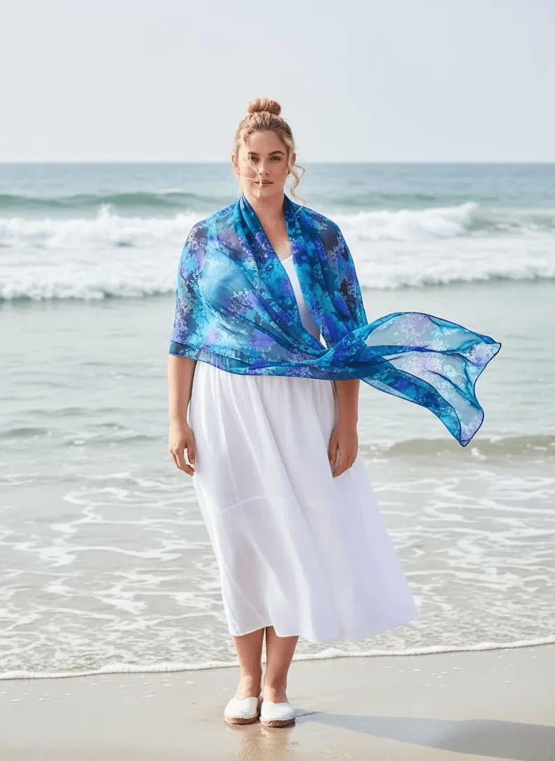 Luxury Silk Scarf, Hand Painted Teal Blue Wrap, Jewel Tone Peacock Womens Scarf Gift, Lightweight Elegant Scarf for Her - Ammpoure
