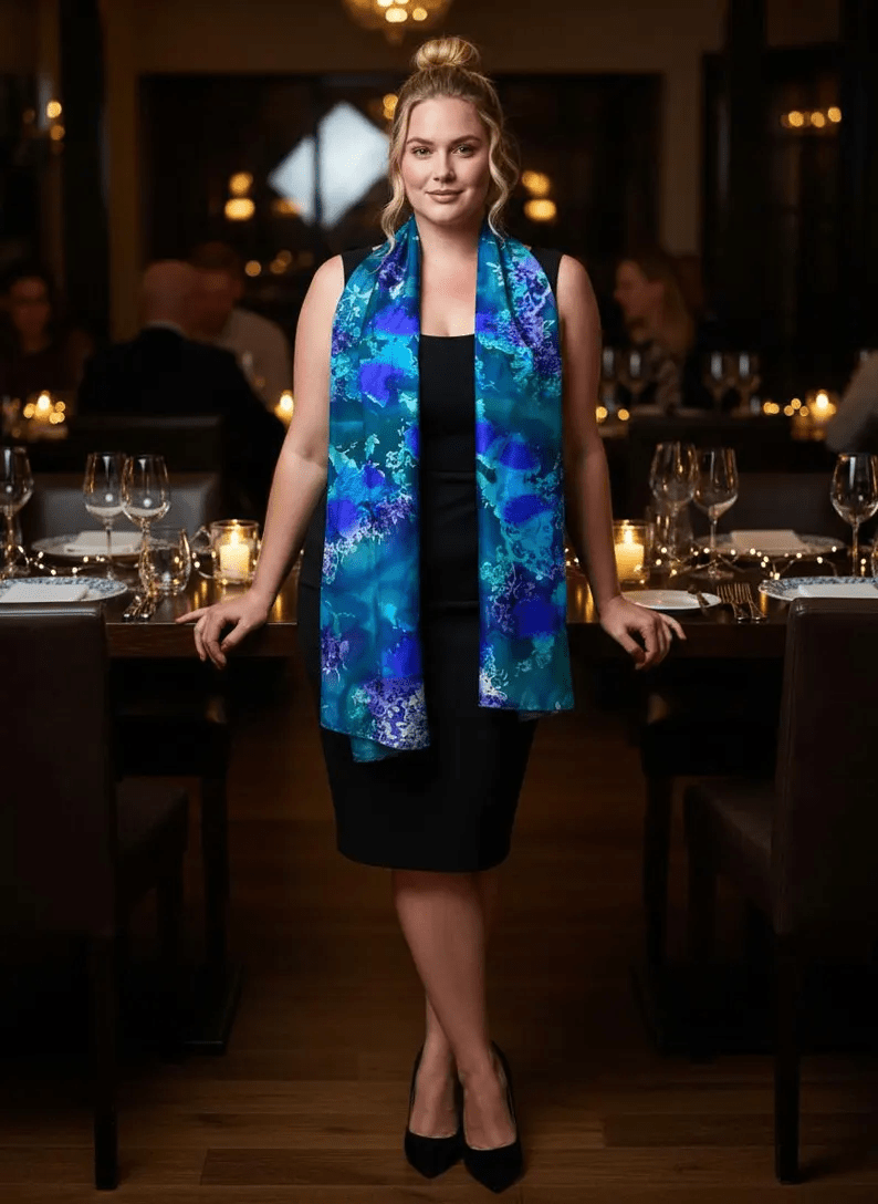 Luxury Silk Scarf, Hand Painted Teal Blue Wrap, Jewel Tone Peacock Womens Scarf Gift, Lightweight Elegant Scarf for Her - Ammpoure