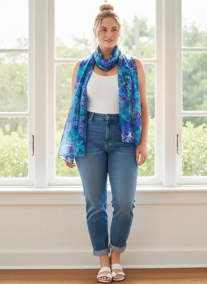 Luxury Silk Scarf, Hand Painted Teal Blue Wrap, Jewel Tone Peacock Womens Scarf Gift, Lightweight Elegant Scarf for Her - Ammpoure