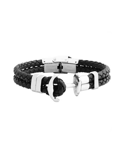 Men's Plaited Leather Bracelet — Anchor Clasp, Black UK - Ammpoure
