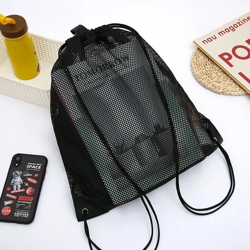 Mesh Drawstring Bag Backpack Black Mesh Bags Heavy Duty Soccer Ball Net Bag Equipment Bag for Gym Beach Swimming Gears - Ammpoure