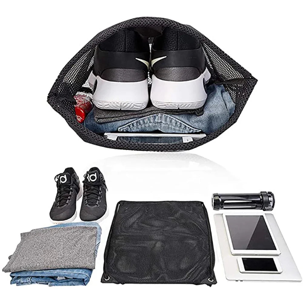 Mesh Drawstring Bag Backpack Black Mesh Bags Heavy Duty Soccer Ball Net Bag Equipment Bag for Gym Beach Swimming Gears - Ammpoure