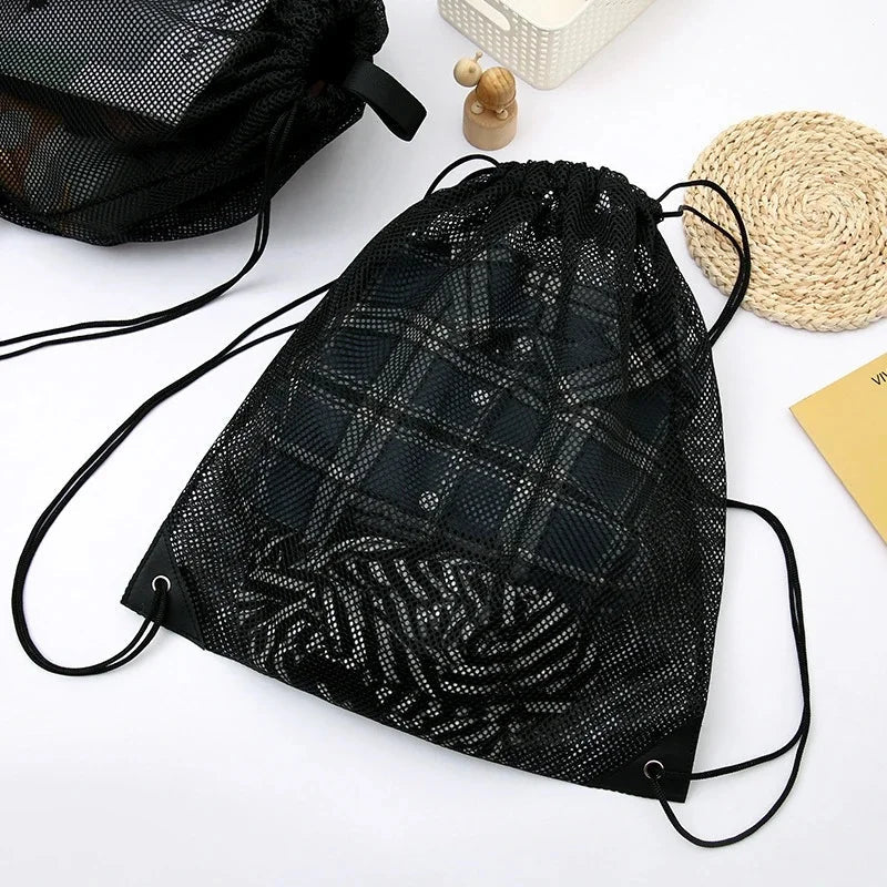 Mesh Drawstring Bag Backpack Black Mesh Bags Heavy Duty Soccer Ball Net Bag Equipment Bag for Gym Beach Swimming Gears - Ammpoure