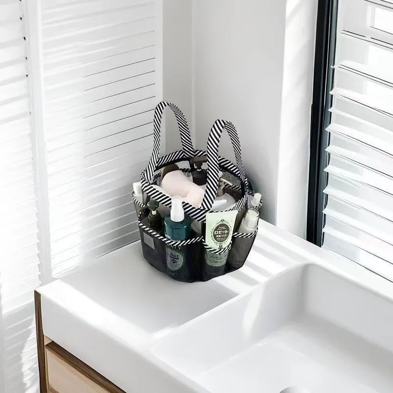 Mesh Shower Caddy Tote, Portable College Bathroom Tote, Quick Hold , 8 Basket Pockets and 2 Oxford Handles-Black - Ammpoure