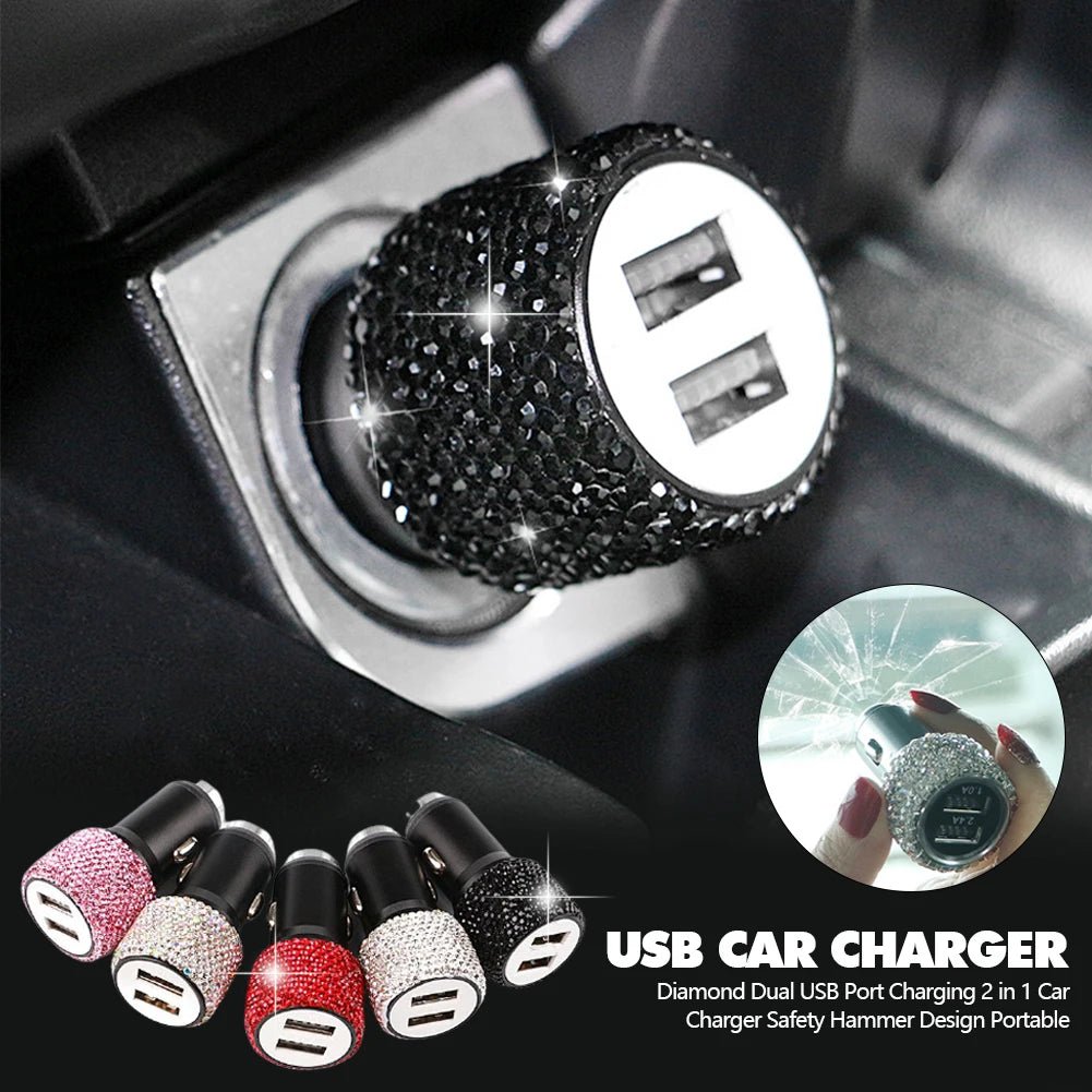 New Bling USB Car Charger 5V 2.1A Dual Port Fast Adapter Pink Car Decor Car Styling Diamond Car Accessories Interior for Woman - Ammpoure Wellbeing