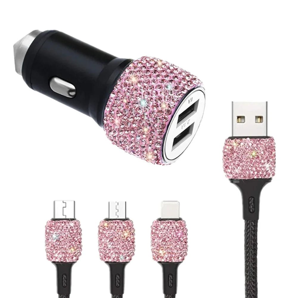 New Bling USB Car Charger 5V 2.1A Dual Port Fast Adapter Pink Car Decor Car Styling Diamond Car Accessories Interior for Woman - Ammpoure Wellbeing