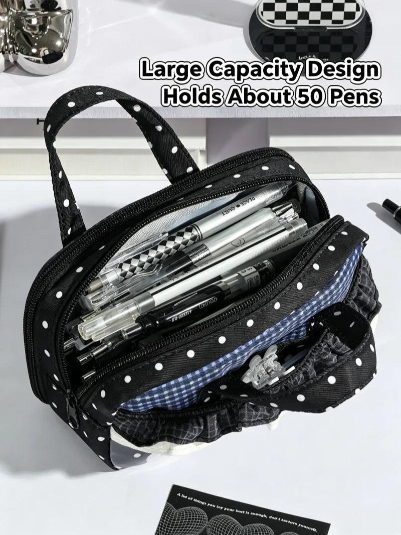 New Cute Multi-Compartment Handle Pencil Case USA Large Capacity Polka Dot Lace Ruffle Stationery Organizer Student Pen Pouch - Ammpoure