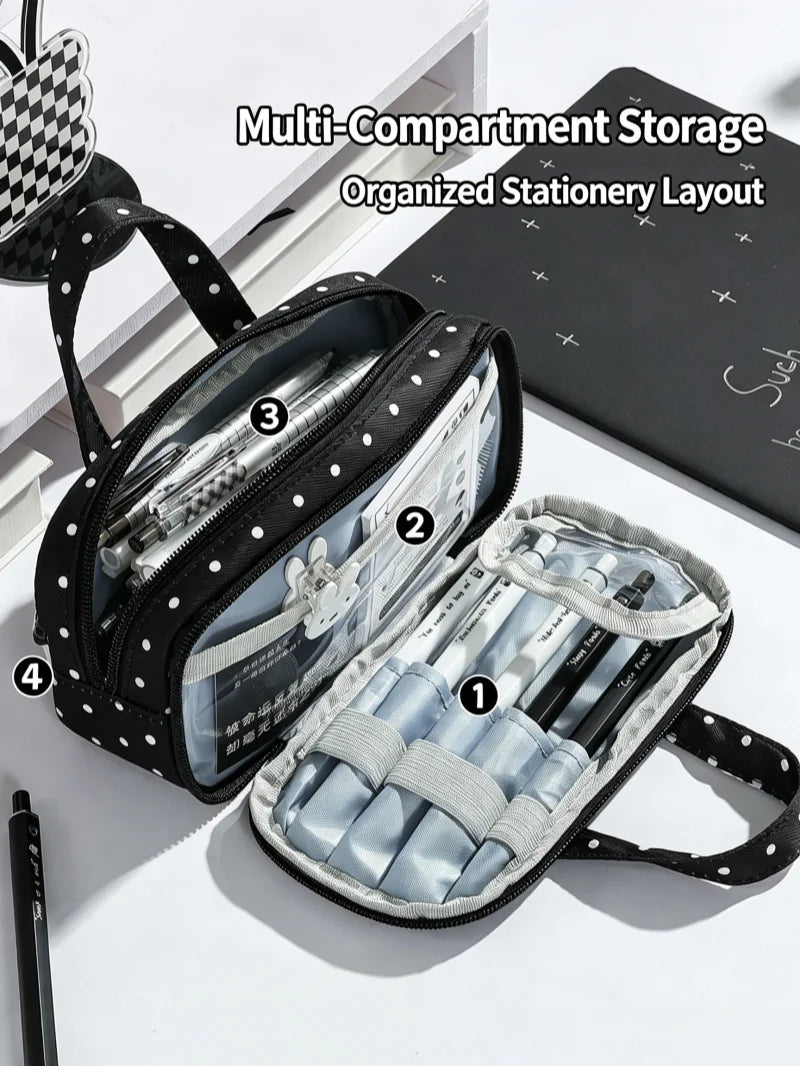 New Cute Multi-Compartment Handle Pencil Case USA Large Capacity Polka Dot Lace Ruffle Stationery Organizer Student Pen Pouch - Ammpoure