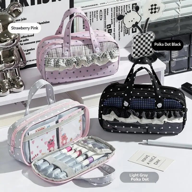 New Cute Multi-Compartment Handle Pencil Case USA Large Capacity Polka Dot Lace Ruffle Stationery Organizer Student Pen Pouch - Ammpoure
