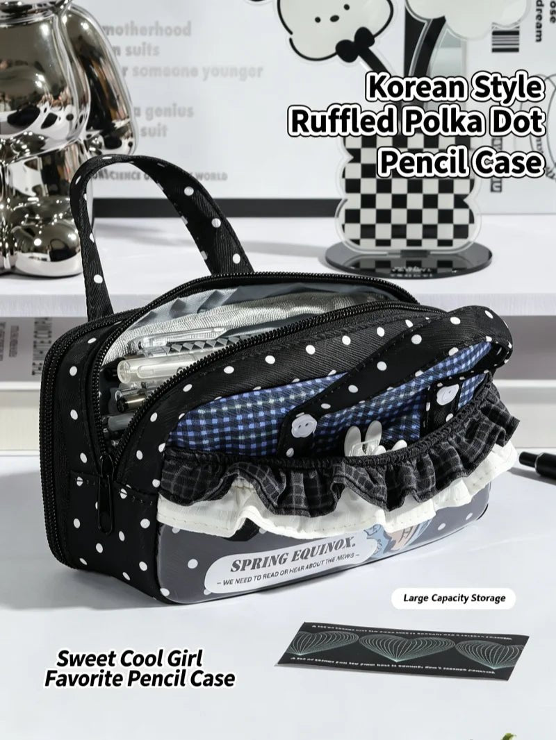 New Cute Multi-Compartment Handle Pencil Case USA Large Capacity Polka Dot Lace Ruffle Stationery Organizer Student Pen Pouch - Ammpoure