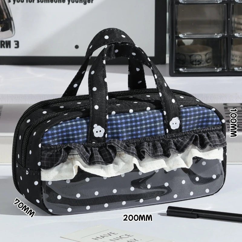 New Cute Multi-Compartment Handle Pencil Case USA Large Capacity Polka Dot Lace Ruffle Stationery Organizer Student Pen Pouch - Ammpoure