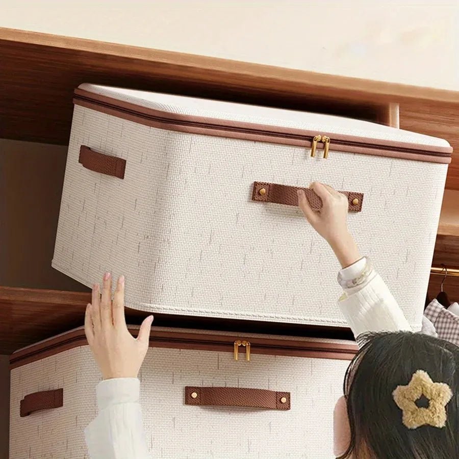 Non-Woven Linen-cotton Zipper Storage Boxes Fabric Clothing Storage Bags For Bedroom Closet Organization Include Good Helpers - Ammpoure