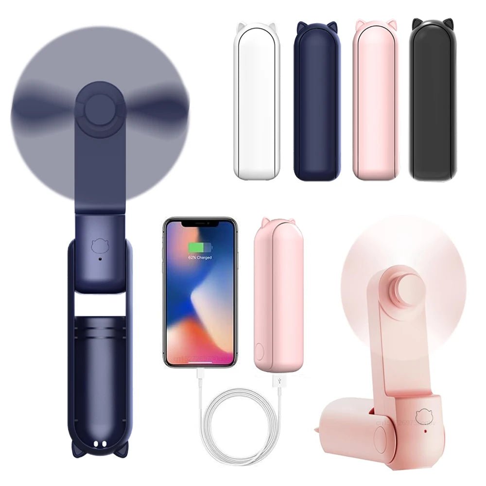 Portable Mini Handheld Fan Small Pocket Fan USB Rechargeable Battery Fan Folding Cooling Hand Fan Mini USB Fan with Power Bank - Ammpoure