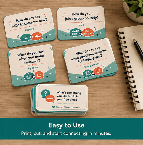 Printable Social Skills Cards | Daily Conversation Prompts PDF | Digital Pocket Icebreakers Deck | Communication & Networking Flashcards - Ammpoure