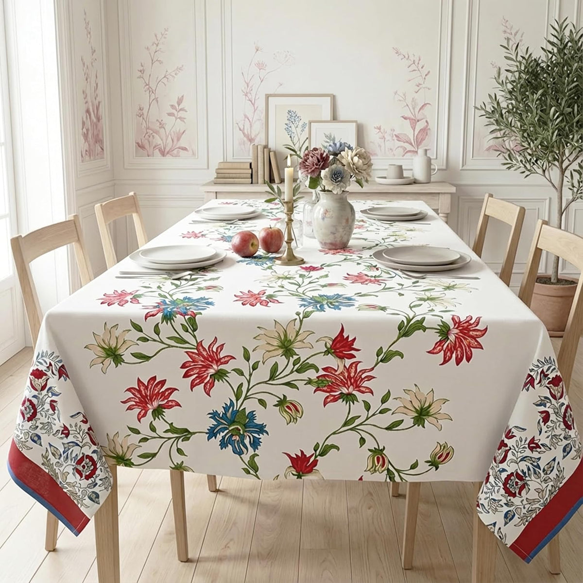 Printed Cotton Table Cloth 4 Seater Square – Dining Table Cover Cloth, Washable Table Cloth for Dining Table – 150 x 150 CM - Ivory Melody - Ammpoure