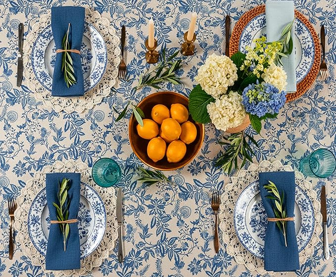 Printed Cotton Tablecloth with Tassel| 150 x 150 cm Square – Washable & Colorfast Table Cover for Dining Room, Farmhouse, Kitchen, Home, Party & Wedding Décor - Vintage Floral Navy - Ammpoure