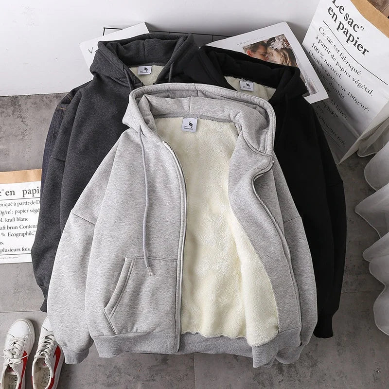 Ready Stock Women Coat Plush Jackets Solid Color Velvet Thick Warm Winter Hoodies Coat Zipper Sweatshirt Tops Winter Plus Size - Ammpoure Wellbeing