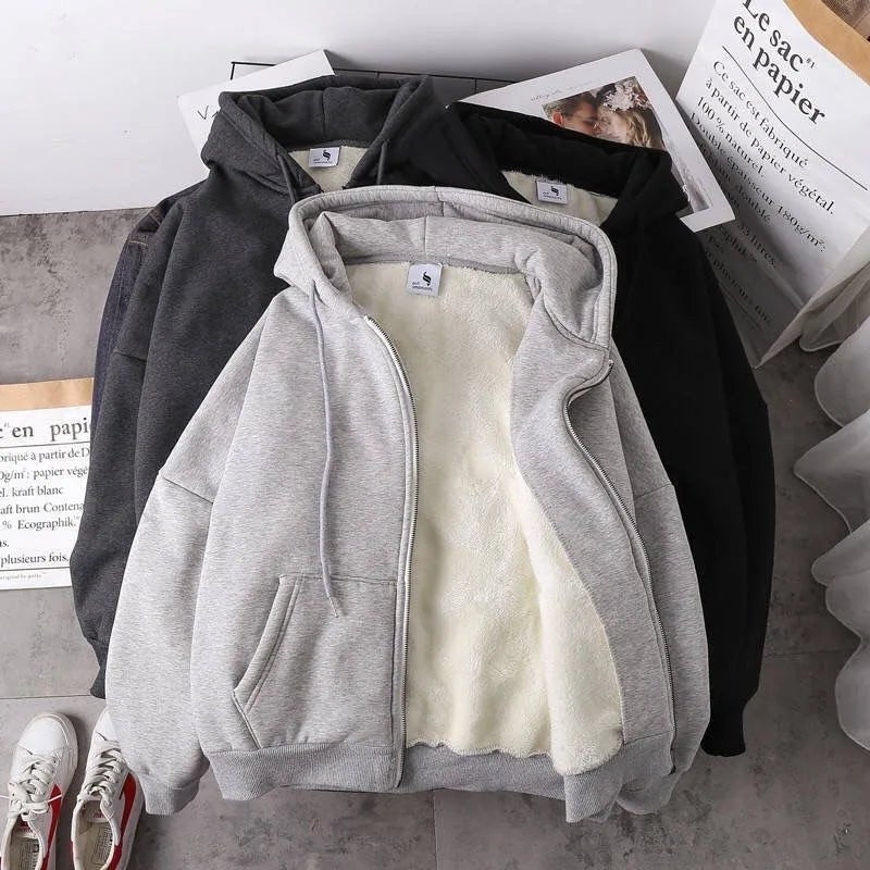 Ready Stock Women Coat Plush Jackets Solid Color Velvet Thick Warm Winter Hoodies Coat Zipper Sweatshirt Tops Winter Plus Size - Ammpoure Wellbeing