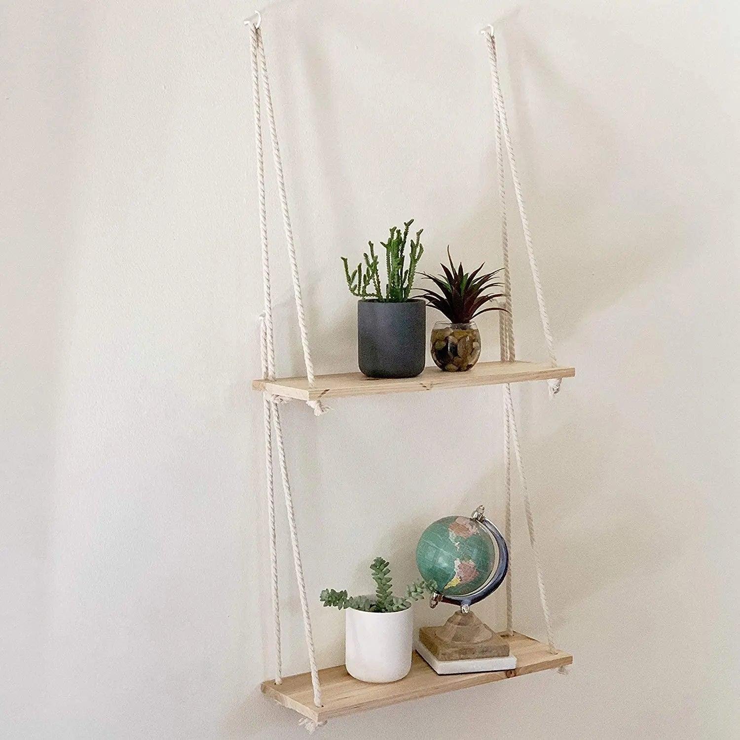 Rope Swing Wall Hanging Plant Flower Pot Tray Mounted Floating Wall Shelves Nordic Home Decoration Moredn Simple Design - Ammpoure Wellbeing
