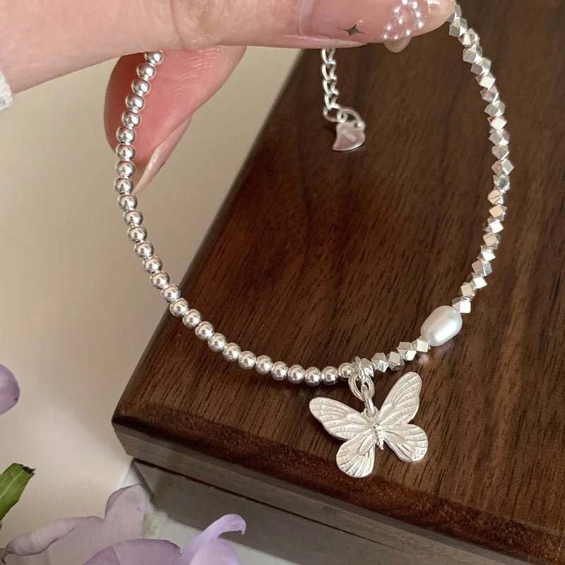 Sterling Silver Butterfly Bracelet USA for Girls Beaded String Design Insect Fashion Versatile Jewelry Gift Dropshipping - Ammpoure