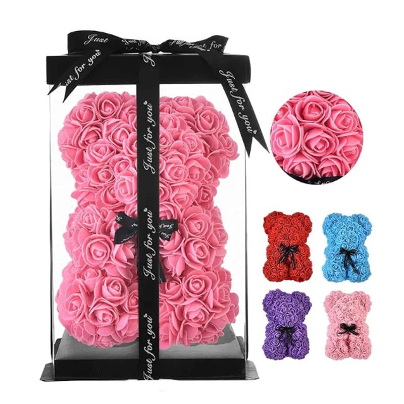 Teddy Rose Flower Bear with Box Romantic Valentines Day Gift Girlfriend Women Anniversary Wedding Party Supplies - Ammpoure