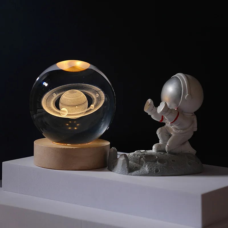 Unique 3D Crystal Ball Night Light LED Lamp Bedside Table Glowing Galaxy Lamp Saturn Planets Moon Children Birthday Gift Toy 8cm - Ammpoure