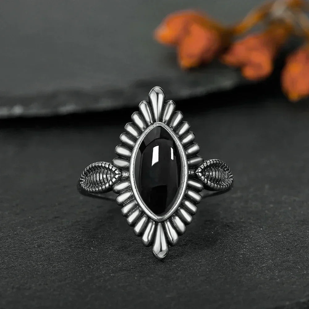 USA Silver Ring Natural Black Onyx Ring Circular Denier Type Horse Eye Design Gift Fine Jewelry Black Ring For Men Women - Ammpoure