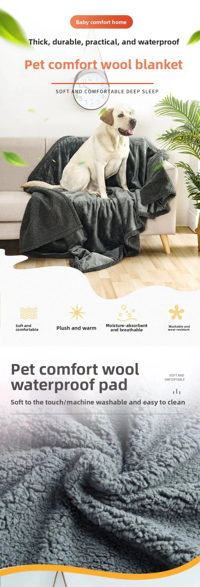 Waterproof Pet Blanket USA Urine-Proof Flannel Sherpa Reversible Dog & Cat Throw Mat, Thick Soft Warm Washable Sofa & Couch Protector - Ammpoure
