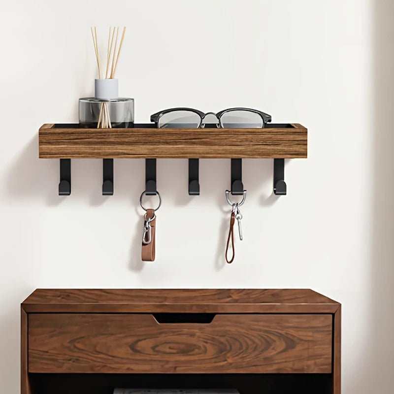Wooden Key Holder with 6 Hooks Storage Tray Easy Install Wall - Mounted Organizer for Keys Mail and More for Bedroom Office - Ammpoure