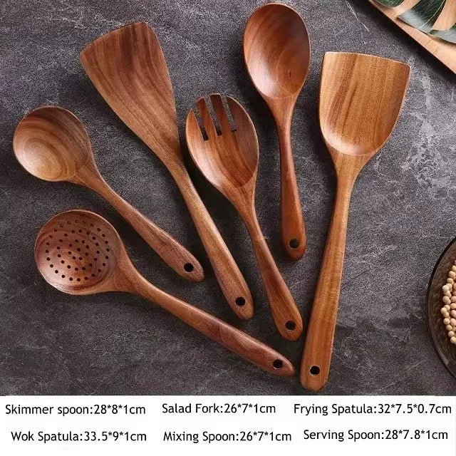Wooden Spoons for Cooking Acacia Wooden Kitchen Utensils Set Long Handle Wood Salad Spoon Fork Cooking Spatula Spoon Set - Ammpoure