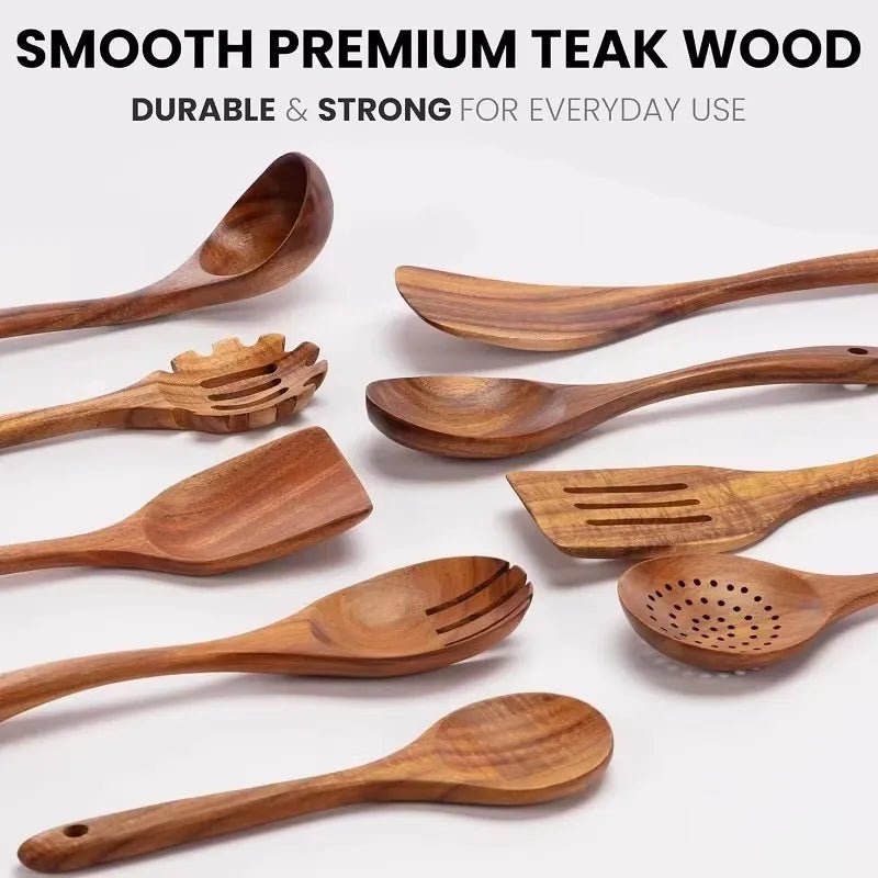 Wooden Spoons for Cooking Acacia Wooden Kitchen Utensils Set Long Handle Wood Salad Spoon Fork Cooking Spatula Spoon Set - Ammpoure