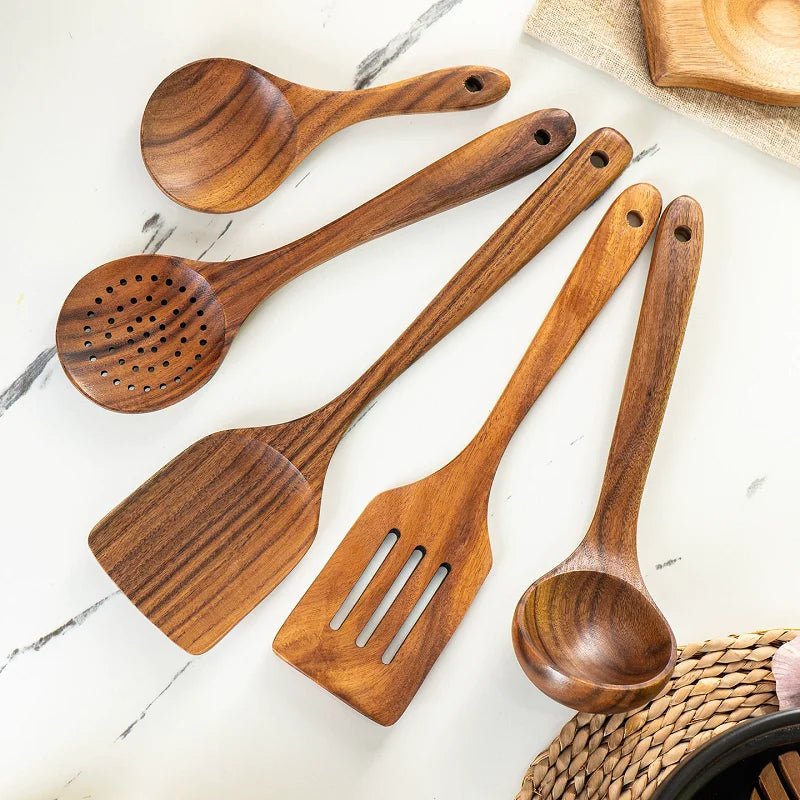 Wooden Spoons for Cooking Acacia Wooden Kitchen Utensils Set Long Handle Wood Salad Spoon Fork Cooking Spatula Spoon Set - Ammpoure