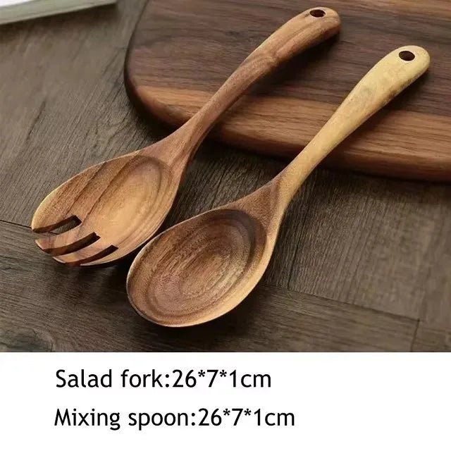 Wooden Spoons for Cooking Acacia Wooden Kitchen Utensils Set Long Handle Wood Salad Spoon Fork Cooking Spatula Spoon Set - Ammpoure