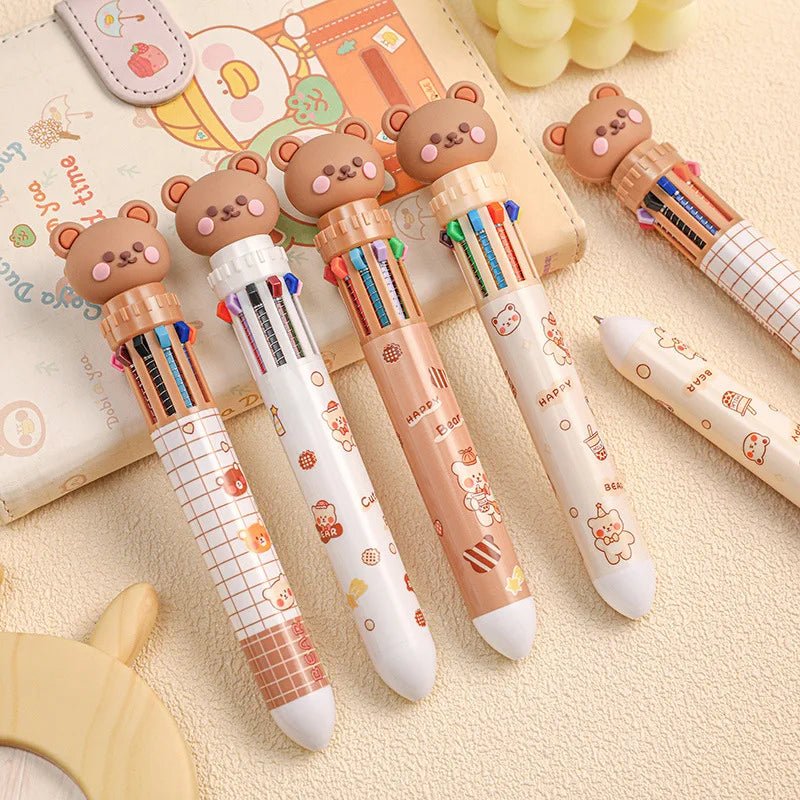 10 Colors Ballpoint Pen Cartoon Bear 0.5mm Colorful Ink Gel Pens Silicone Kawaii Pens School Office Supplies Korean Stationery - Ammpoure Wellbeing