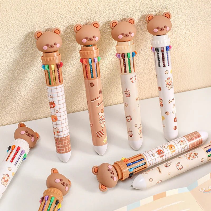 10 Colors Ballpoint Pen Cartoon Bear 0.5mm Colorful Ink Gel Pens Silicone Kawaii Pens School Office Supplies Korean Stationery - Ammpoure Wellbeing
