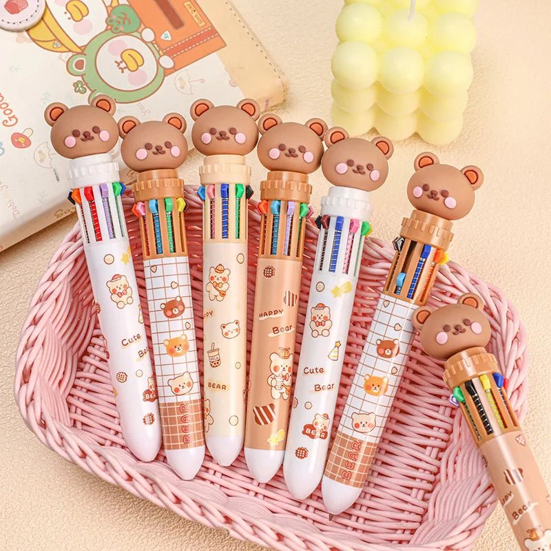 10 Colors Ballpoint Pen Cartoon Bear 0.5mm Colorful Ink Gel Pens Silicone Kawaii Pens School Office Supplies Korean Stationery - Ammpoure Wellbeing