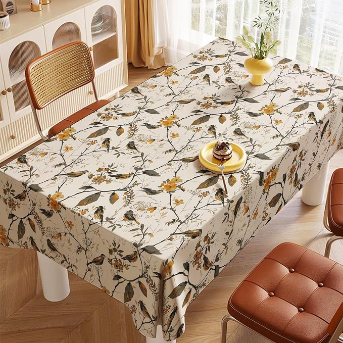 100% Cotton Table Cloth for 6 Seater Dining Table, Printed Rectangular Table Cover for Centre Table, 152.4 cm x 228.6 Centimeters (Birdie Bliss, 6 Seater) - Ammpoure