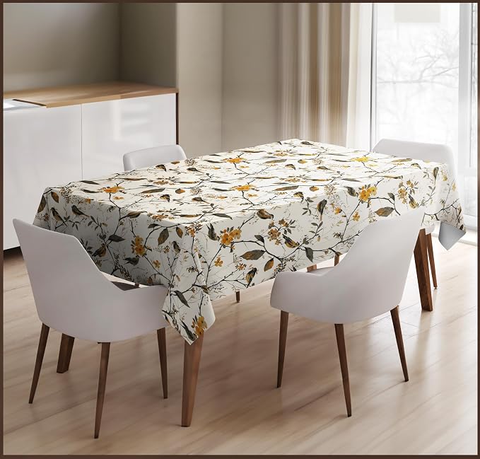 100% Cotton Table Cloth for 6 Seater Dining Table, Printed Rectangular Table Cover for Centre Table, 152.4 cm x 228.6 Centimeters (Birdie Bliss, 6 Seater) - Ammpoure