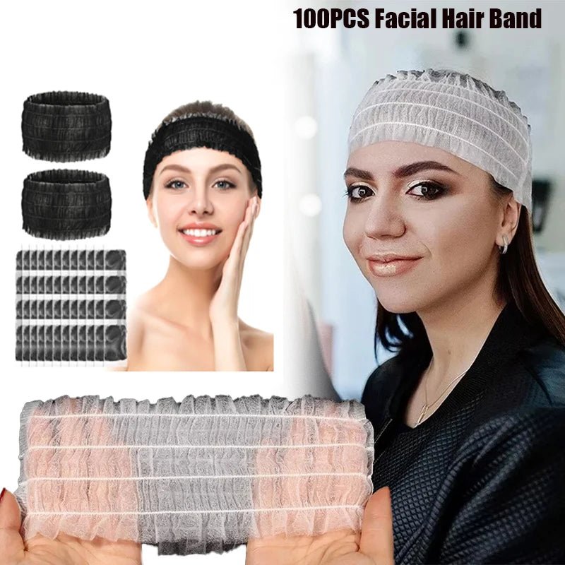 100PCS Disposable Soft Non - Woven Facial Hair Band Spa Headbands Elastic Skin Care Yoga Makeup Sauna Washing Face Supplies - Ammpoure