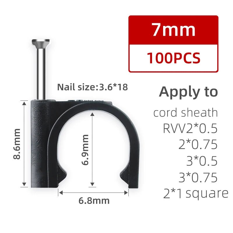 100PCS Round Cable Wire Clips Canada 4mm 6mm 8mm 10mm Cable Management Electrical Cord Holders Wall Nail Clips Black - Ammpoure
