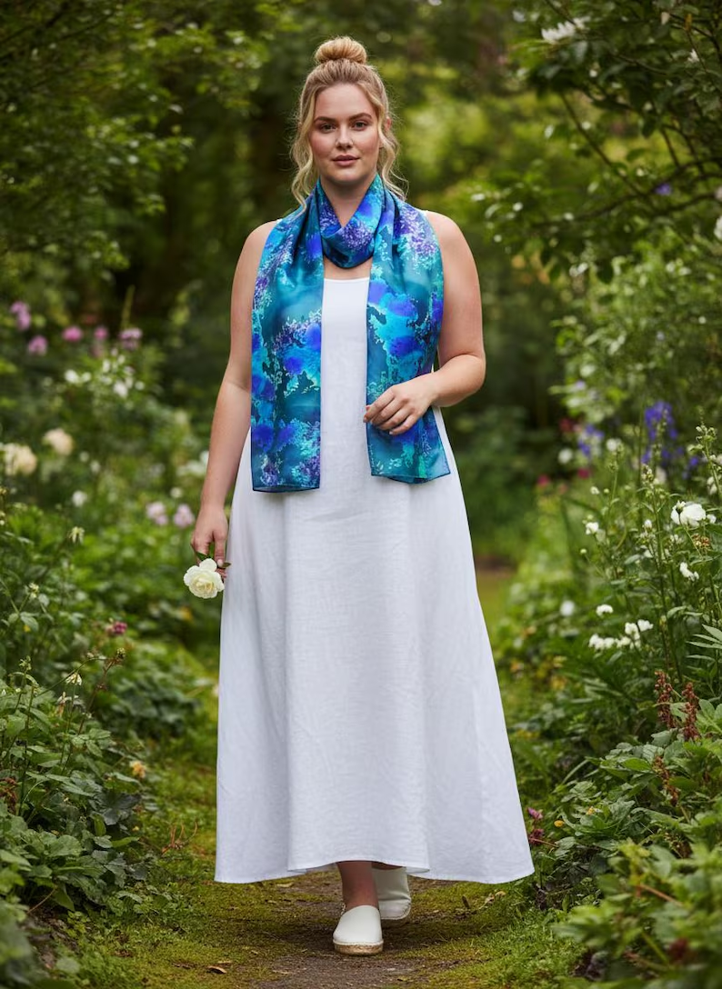 Luxury Silk Scarf, Hand Painted Teal Blue Wrap, Jewel Tone Peacock Womens Scarf Gift, Lightweight Elegant Scarf for Her