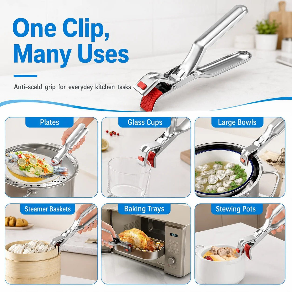 1PC Non Slip Anti Scald Plate Clip Hot Bowl Gripper Stainless Steel Dish Lifter Clamp For Kitchen Cooking Bbq Serving Tools - Ammpoure