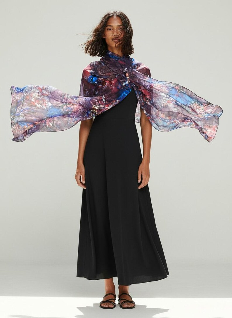 Luxury Silk Scarf, Hand Painted Abstract Art Wrap, Plum Blue Coral Womens Scarf Gift, Statement Lightweight Scarf for Her