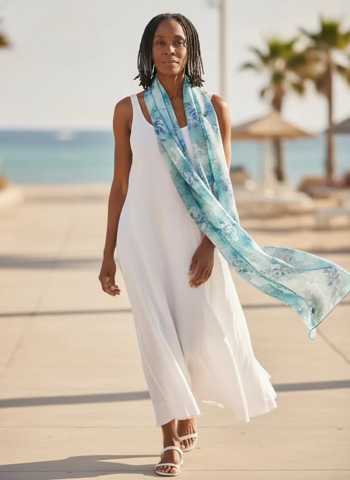 Luxury Silk Scarf, Hand Painted Turquoise Floral Wrap, Aqua Blue Rose Womens Scarf Gift, Lightweight Elegant Scarf for Her